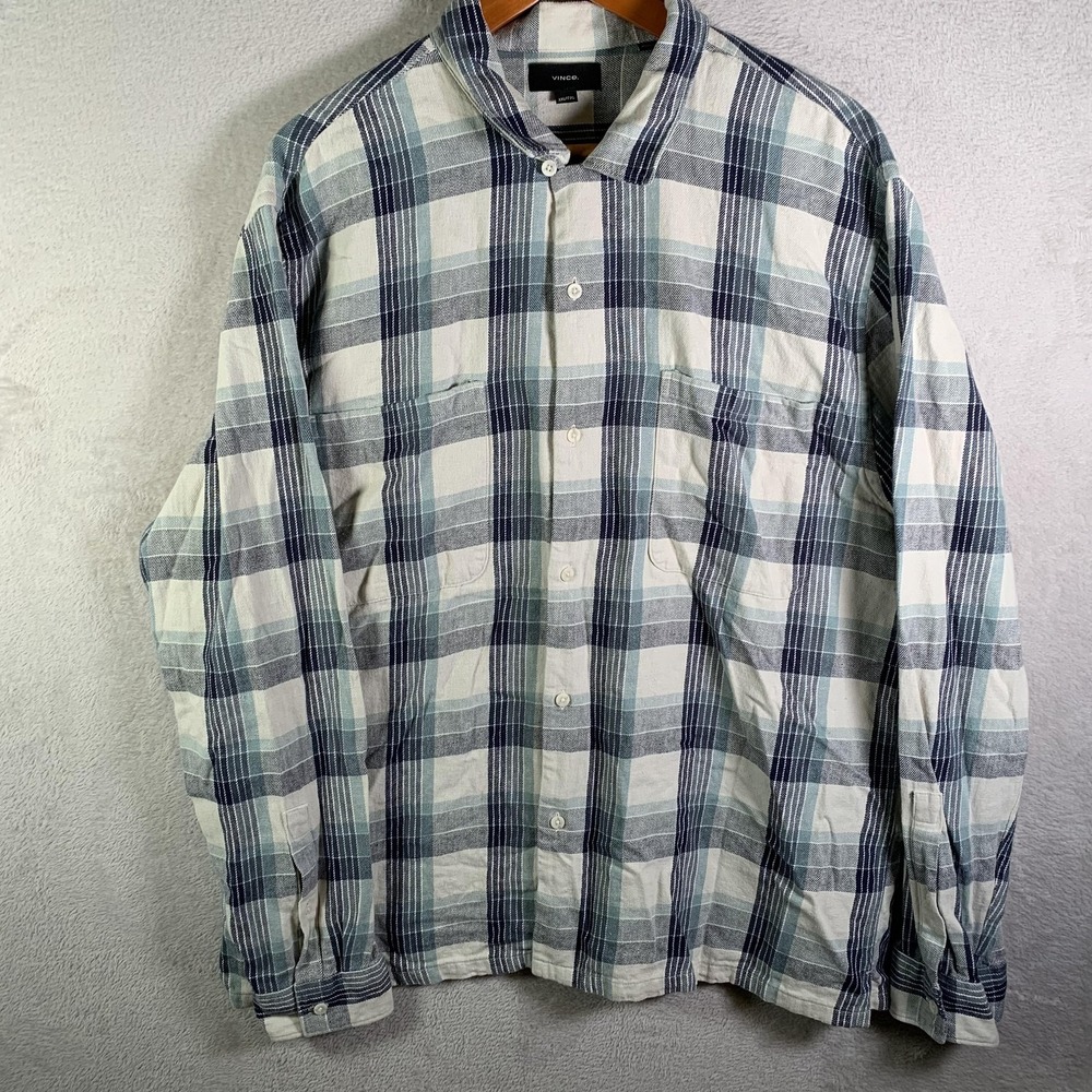 Vince Shirt Mens 2XL Blue Plaid Hemp Cotton Long Sleeve Button Up Loop Collar